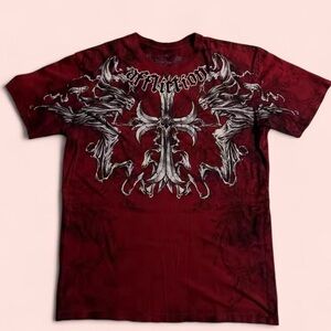 2000s Vintage Affliction Men's Burgundy Graphic Tee